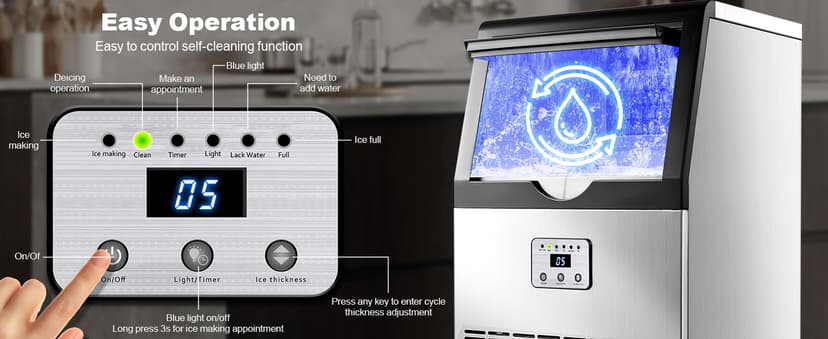 Amzgachfktch Commercial Ice Maker, 100lbs/24H Ice Maker Machine, Auto Self-Cleaning, LED Digital Display, Blue Light, Under Counter/Freestanding Ice Machine for Home/Office/Restaurant/Bar