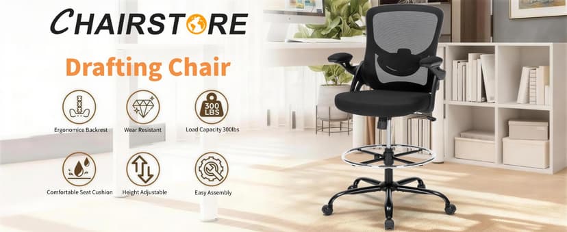 Drafting Chair, Tall Office Chair for Standing Desk, Ergonomic Standing Desk Chair with Flip-up Armrests, Counter Height Office Chair with Footrest and Adjustable Lumbar Support