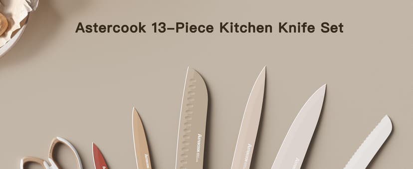 Astercook Knife Set, 13 Pieces Kitchen Knives Set with Healthy Anti-Rust Coating, Dishwasher Safe, Stainless Steel Chef Knife Sets with 6 Blade Guards, Perfect Holiday Gifts for Kitchen