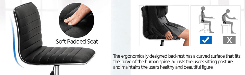 Yaheetech Adjustable Task Chair PU Leather Low Back Ribbed Armless Swivel Black Desk Chair Office Chair Wheels