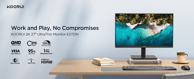 KOORUI 27 Inch QHD (2560x1440) IPS HDR Ultra-Thin Computer Gaming Monitor, 120Hz Refresh Rate, DCI-P3 95%, FreeSync & G-Sync, 1ms MPRT, VESA 100x100mm, Tilt Adjustable for Game and Work, E2721H