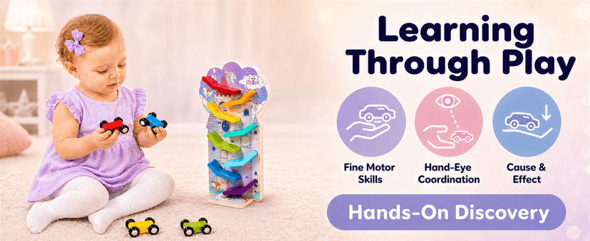 Montessori Toys for 2 Year Old Girls and Boys; Wooden Car Ramp for Cause-and-Effect and Hand-Eye Coordination; Birthday Gift Unicorn Car Ramp Toys for Toddlers 1-3, Wooden Race Track with 4 Mini Cars B0H7HBYL82