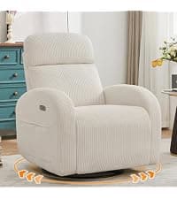 Rocking Recliner Nursery Chair, Swivel Recliner Glider for Nursery with 2 Pockets, Reclining Rocking Chair, Manual Recliners for Living Room, Bedroom, Cream White Chenille