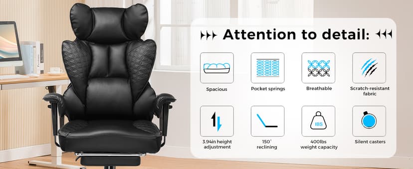 GTRACING Big and Tall Gaming Chair 400lbs Heavy Duty Office Chair with Foot Rest & Ergonomic Pocket Spring Lumbar Support, High Back 3D Saddle Shaped Cushion for Back Pain Relief, Matte-Black