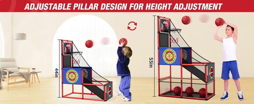 HYES Basketball Arcade Game Indoor Outdoor, Kids Basketball Hoop with 4 Balls & Pump, Single Shot Basketball Game at Home, Carnival Games Sport Toys for Boys Girls Teens