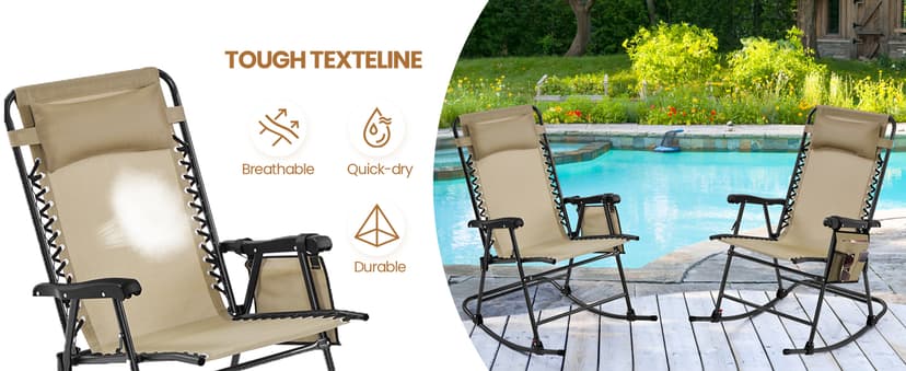 Yaheetech 26in Rocking Chair Outdoor Zero Gravity Folding Chairs Rocking Chairs Foldable Outdoor Reclining Lounge Chair for Outside Lawn with Cupholder/Pillow Ergonomic Design for Rest, Beige