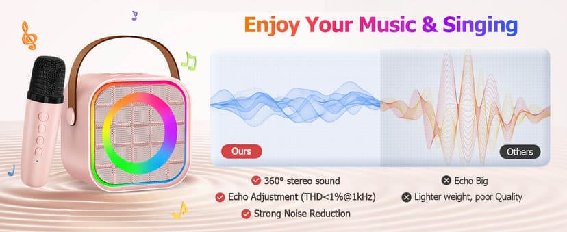Mini Karaoke Machine with 2 Wireless Microphone, Portable Pink Bluetooth Speaker for Kids Adult, Birthday Teen Toys Gifts Ideas for Girls Ages 4 5 6 7 8 9 10 11 12+ Year Old, Family Home Party