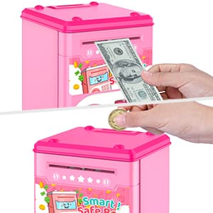 Pink Piggy Bank for Kids with Password Code Lock and Auto Grab Bill Slot, PhilaeEC Real Money Cash Coin Can Saving Box Electronic Money Safe Bank, Hot Gift for 4 7 8 9 10 11 Year Old Boys Girls