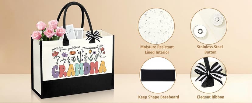 Grandma Gifts for Birthday Tote Bag Grandma Gifts Set from Granddaughter Grandson Grandchildren Grandkids Best Grandma Gifts Basket Tote Bag Makeup Bag 16 Oz Can Glass Bead Bracelet