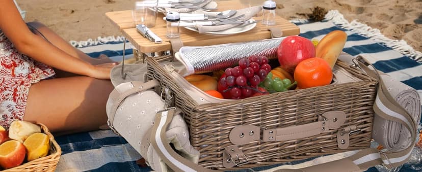 Multifunctional Wicker Picnic Basket Set for 2 with Blanket and Picnic Table, Insulated Picnic Set with Full Tablewares for Camping Outdoor Couples, Flowers B0D4Q11DMV