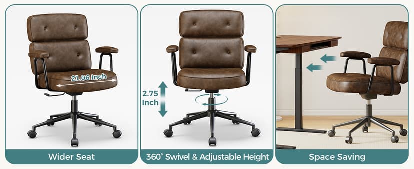 OLIXIS Ergonomic Home Office Desk Chair, PU Leather Computer Chair with Lumbar Support Adjustable Height Rolling Swivel Executive Task Armrests Chair, Modern Brown