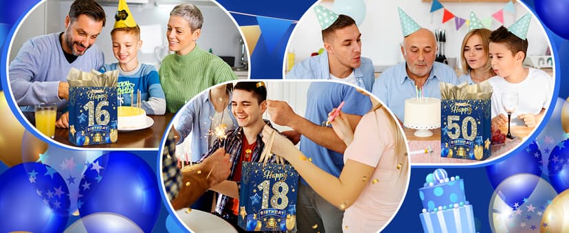 Blue 80th Birthday Gift Bag, Large Navy Blue and Gold Happy 80th Birthday Gift Wrap Bag with Card and 3pcs Tissue Paper for Men Women 80 Years Old Anniversary Party Favors Goodie Wrapping Bag Supplies