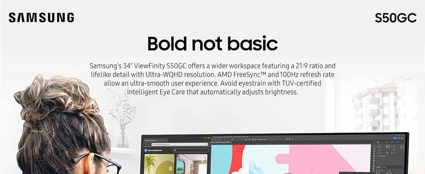 Samsung 34" ViewFinity S50GC Series Ultrawide QHD Monitor, 100Hz, 5ms, HDR10, AMD FreeSync, Ultrawide Screen, Eye Care, Thin Bezels, PIP, PBP, LS34C50DGANXZA, 2023, Black