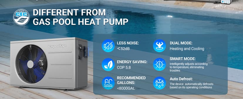 30,000 BTU Electric Pool Heater for Above Ground Pool Swimming Pool Heat Pump Inground Pool Heater 120V 8,000 Gallon Heating or Cooling WiFi Control Schedule