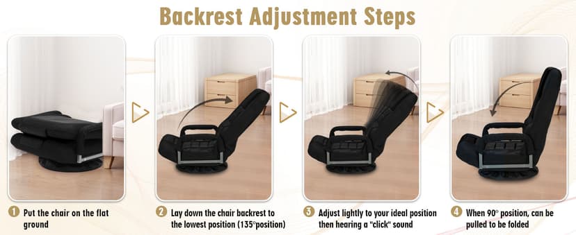 Swivel Floor Gaming Chair w/Armrests, Folding Video Reclining Sofa w/6 Adjustable Position, Padded Backrest & Cushion, Lazy Lounger Couch for E-Sports, Reading, Relaxing, Watching TV, Black