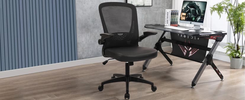 CLATINA Desk Chairs with PU Leather Seat, Flip Up Arms Ergonomic Mesh Back Office Chair with Lumbar Support, Adjustable Height Swivel Rolling Computer Chairs for Home Conference Meeting, Black, 8 Pack