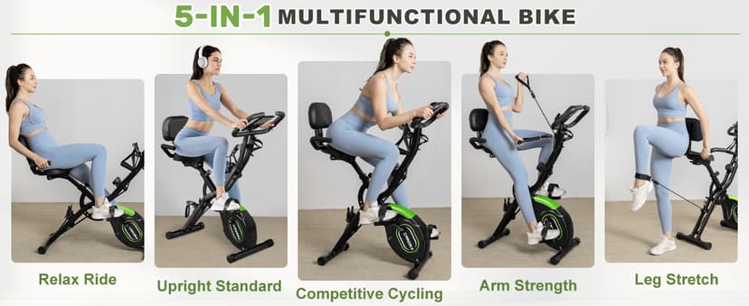 Caromix Folding Exercise Bike, 5 in 1 Stationary Bike with 16-Level Adjustable Magnetic Resistance, 330LB Capacity Indoor Workout Bike, Foldable Exercise Bike for Seniors and Adult