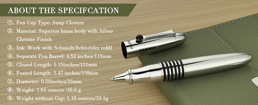 BEILUNER 320 Silver Chrome Rollerball - Stunning Luxury Pen with Chrome Finish, EDC, Heavy, Schmidt Black Ink Refill, Best Gift Set for Men & Women, Professional, Executive Office, Nice Classic Pens