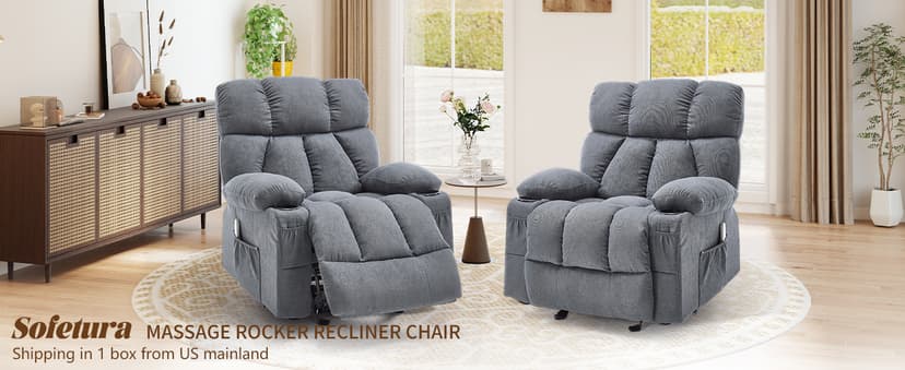 Massage Rocking Recliner Chair, Ergonomic Recliners Sofa with Vibration Massage & Heat, Rocking Chair Nursery Chair for Living Room Lounge with 4 Pockets, 2 Cup Holders, USB Charge Port, Grey