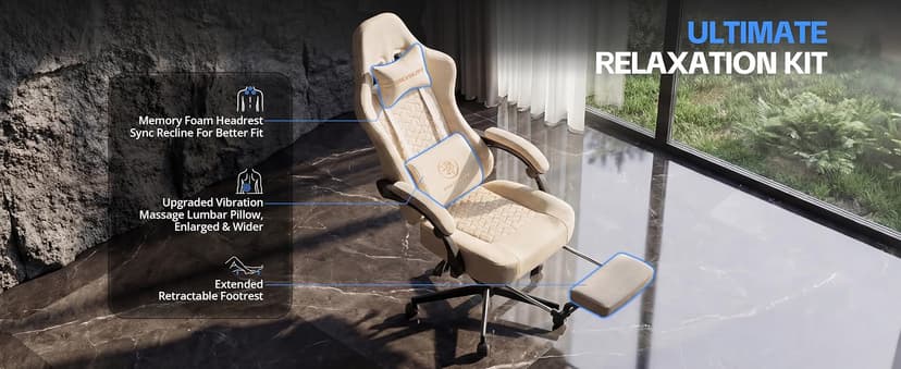 Gaming Chair Breathable Leather with Pocket Spring Cushion, Wide and High Ergonomic Office Chair with Headrest, Computer Gaming Chair with Footrest for Adult and Teen (Beige Leather)