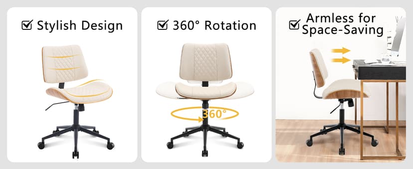 Home Office Chair No Arms with Wheels, Adjustable Height Small Desk Chair, PU Leather Mid Back 360 Swivel Computer Chair, Armless Modern Walnut Chair for Office, Reading Meeting Room(Beige)