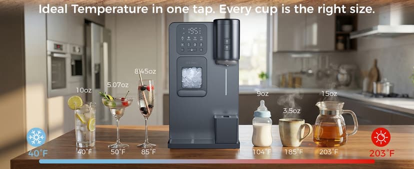 3-in-1 Water Dispenser with Ice Maker - Coffee Maker Countertop Bullet Ice Maker with 12H Timer, Hot/Cold/Warm Adjustable Volume Water, K-Cup® Ground Coffee Brewer for Home Office Studio Gift