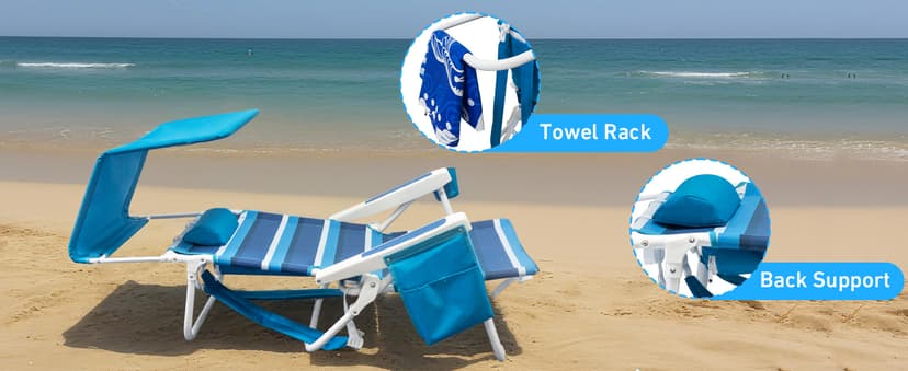 2 Pack Beach Chair with Canopy Shade, 5 Positions Lay Flat Textilene Reclining Beach Chair with Backpack Straps, Cooler Bag & Cup Holder for Outdoor Lawn Camping