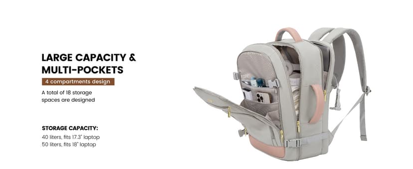 LOVEVOOK Travel Backpack For Women, 40L Carry On Backpack Flight Approved, TSA Personal Item Travel Bag Fits 17 Inch Laptop, Business Weekender Overnight Waterproof Daypack With 2 Cubes, Grey-Pink