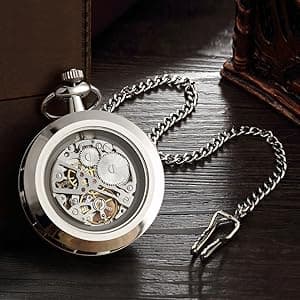 VIGOROSO Mens Classic Steampunk Pocket Watch with Chain Skeleton Hand Wind Mechanical Pocket Watches for Men & Women