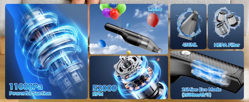 Antaha Handheld Vacuum Cordless -Car Vacuum Portable Cordless Cleaner with 11000Pa Powerful Suction,1.2lbs Lightweight, Type-C Charge, Multiple Accessories, Portable Hand Vacuum for Home, Pet and Car