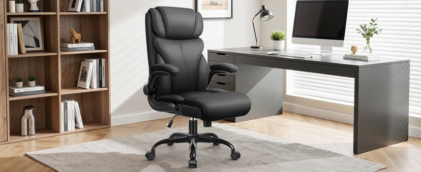 Primy Office Chair, Ergonomic Leather Desk Chair with Flip-up Armrests, Big and Tall High Back Executive Computer & Gaming Chair with Footrest, Comfy Padded, Rocking Function and Lumbar Support(Black)