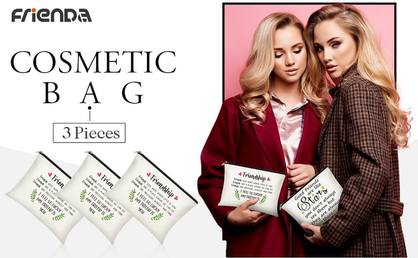 Frienda 3 Pcs Good Friend Gifts Cosmetic Bag for Women Friendship Makeup Bag Travel Cases for Birthday Graduation Moving Away Christmas Bestie Soul Sister(Trend Style)