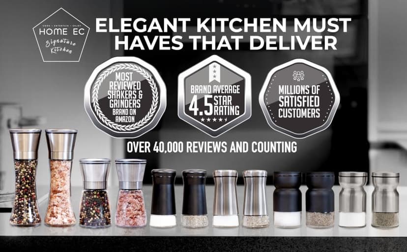 HOME EC Original Stainless Steel Salt or Pepper Grinder 1pk - Adjustable Ceramic Sea Salt Grinder or Pepper Mill - Tall Glass Spice Shaker - Spice Mill w/EBook B082V134CK