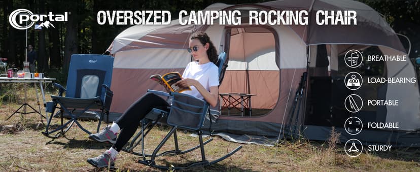 PORTAL Oversized Folding Rocking Camping Chair Portable Outdoor Rocker with High Back Hard Armrests Carry Bag, Supports 400 lbs