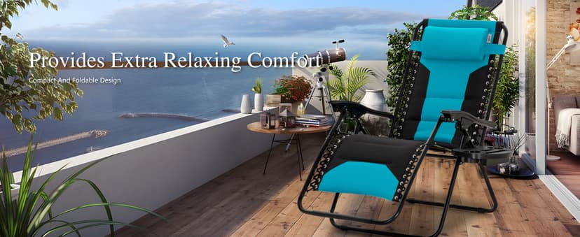 Sophia & William Oversized Zero Gravity Chair Set of 2 Padded, Folding Lounge Chair with Wide Armrest and Cup Holder, Support 400 LBS, Aqua Blue