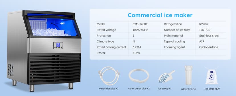 Commercial Ice Maker Machine 450LBS/24H, Under Counter Ice Machine, Upgrade Compressor 120LBS Storage Bin, Stainless Freestanding Commercial Ice Maker for Home Bar Cafe Office,Silver