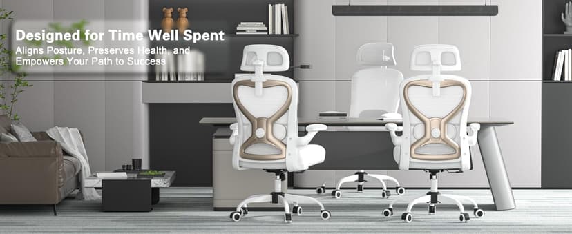 Ergonomic Office Chair for Back & Neck Pain Relief, Virgin Foam Seat, 2D Adjustable Lumbar & 3D Headrest, Tilt & Rock for Relaxation, Ideal for Long Sitting Comfort, White/Gold