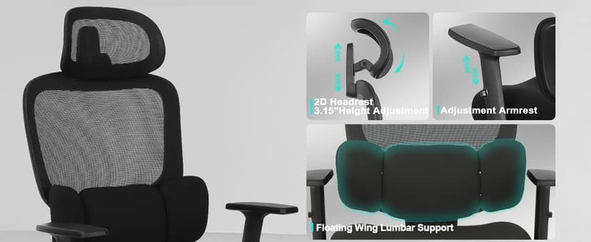 Ergonomic Office Chair with Footrest, Mesh Desk Chair with Adjustable Headrest & Armrests & Dynamic Floating Wing Lumbar Support, High Back Computer Chair for Home Office, BIFMA Certified, Black