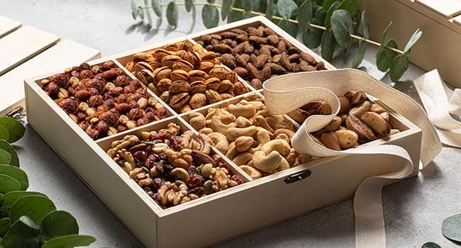 Nut Gift Basket, in Reusable Wooden Crate, Healthy Gift Option, Gourmet Snack Food Box, with Unique Flavors, Great for Feel Better, Sympathy & Birthday- Bonnie & Pop