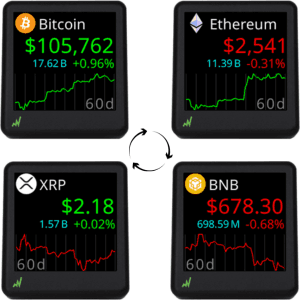 Bitcoin Ticker - Real-Time Crypto Price Display (1.54" Diagonal) for Top 1,000 Coins Like Bitcoin, Ethereum, Dogecoin, and 997 more. Compact Size, Ideal for Desk or Nightstand. Uses Wi-Fi.