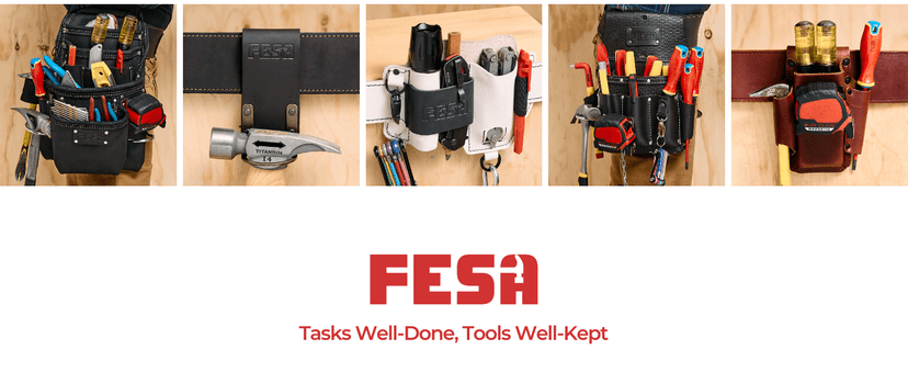 FESA Small Leather Tool Pouch - 5-in-1 Heavy Top Grain Leather Small Tool Pouch with a Steel Hammer Loop, 4 Pockets & Reinforced Heavy Duty Rivets - Fits Belts up to 3" - Handcrafted