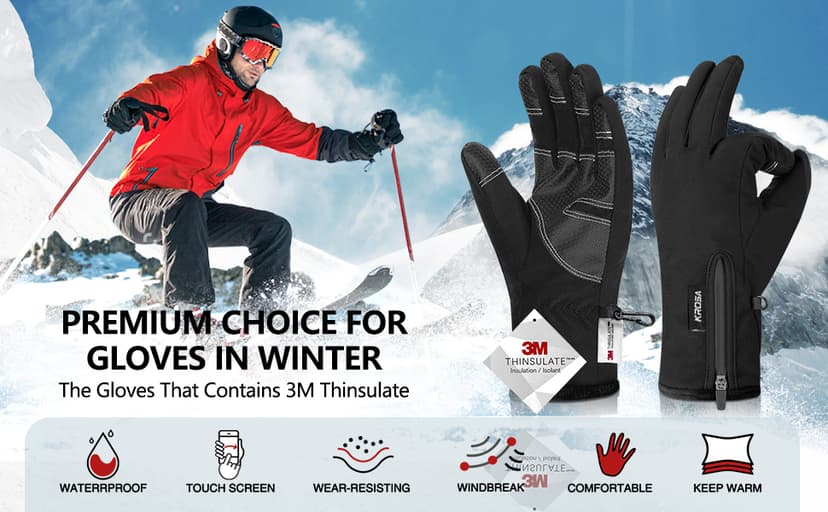 krosa 5-Layer Winter Gloves for Men & Women Made with 3M Thinsulate, -10℉ Waterproof Work Gloves for Cold Weather, Snow Ski Gloves with 10 Touchscreen Fingers