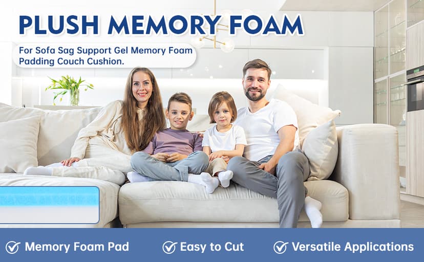 Upholstery Foam, 72" x 24" x 1" High Density Gel Memory Foam Padding Couch Cushion Support, Cut to Size Foam Replacement Pad for Sofa Sag Support