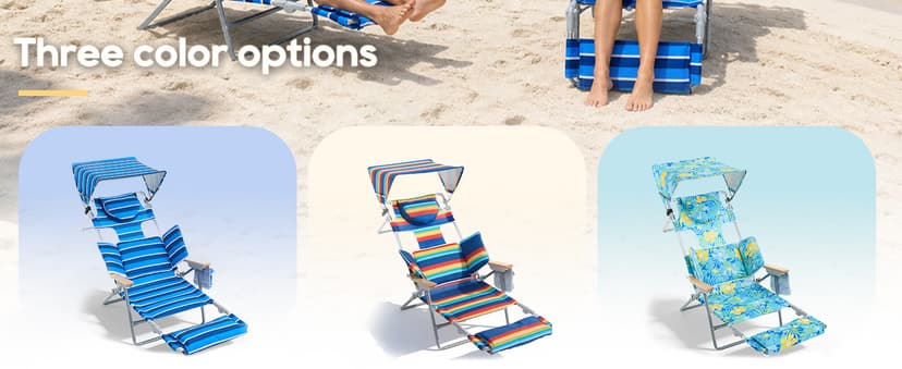 Oversized Beach Chair for Adults,5 Position Adjustable Tanning Chair with Sun Canopy,Folding Reclining Lounge Chir with Face Holes,Backpack Portable for Patio Pool Camping (Blue-White,Medium)