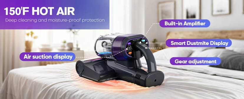 Mattress Vacuum Cleaner, 18Kpa Handheld Bed Vacuum Cleaner with 253.7nm UV-C Light, HEPA Filter & Ultrasoni, 150℉ Heat, Smart Dual Cup, and One-Click ash Removal for Bed, Sofa(Gray)