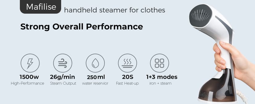 Mafilise Steamer for Clothes, 20S Heat Up, 1500W & 3 Steam Settings, Ceramic Soleplate with 13-Vent, 2-in-1 Clothing Iron Wrinkle Removal for All Fabrics, Portable & Travel-Ready