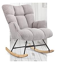 SAETSFEG Rocking Chair Nursery Teddy Upholstered Glider Rocker Rocking Accent Chair Padded Seat with High Backrest Armchair Comfy Side Chair for Living Room Bedroom Offices (Grey Teddy)