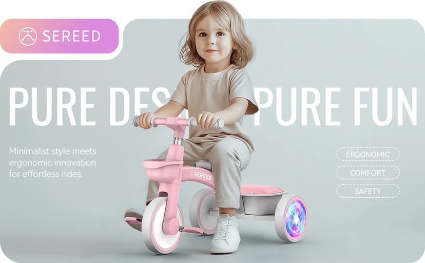 SEREED Colorful Lighting Toddler Tricycle for 2-5 Years Old Girls, Adjustable Seat&Handlebar Trike, Removable Basket, Birthday Gift Idea for Kids Ages 2+ (Pink)