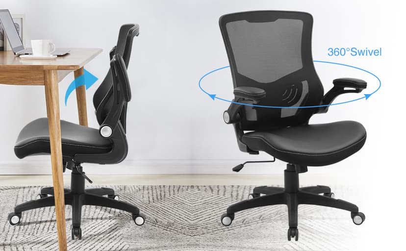 Office Chair Ergonomic Desk Chair, Computer PU Leather Home Office Chair, Swivel Mesh Back Adjustable Lumbar Support Flip-up Arms Executive Task Chair