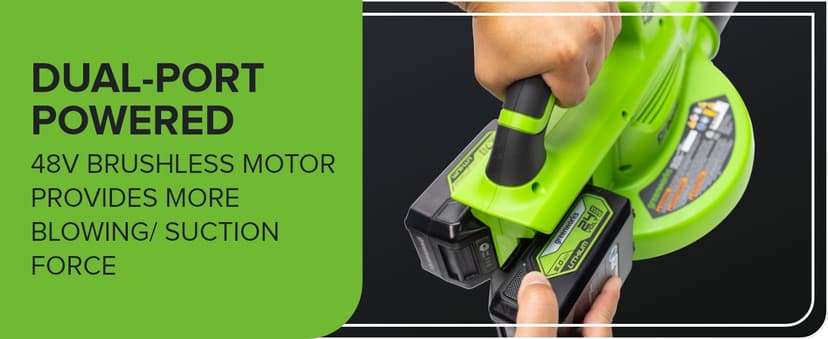 Greenworks 48V (24V x 2) Cordless Brushless Leaf Blower/Vacuum (520 CFM / 240 MPH) with Bag, Powerful & Efficient for Yard Debris Cleanup, Includes (2) 4.0Ah Battery & Dual Port Charger